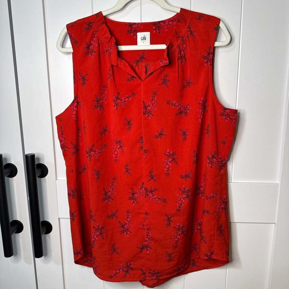 Cabi Red Floral Sleeveless Ruffle Neck Blouse, Size L — Lightweight V-Neck Top